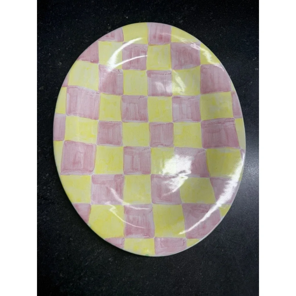 Steve & Laurie Turner Majolica Pink Yellow Checkered Oval Platter 12